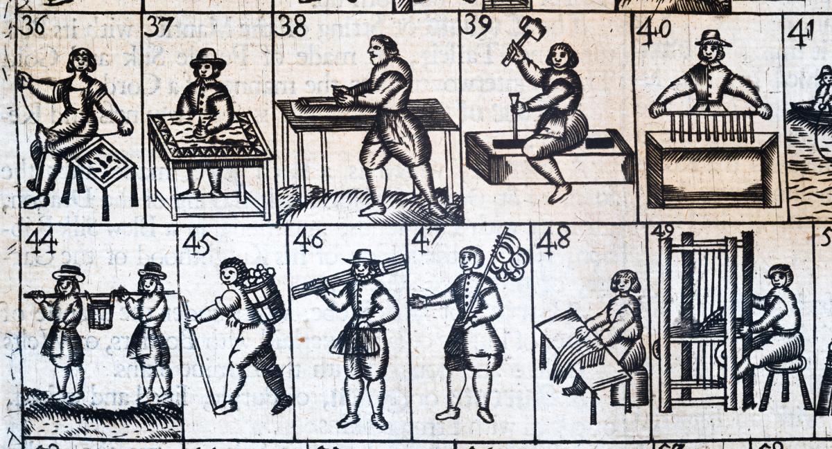 More images of various trades including #36 of a cobbler sitting next to a low bench with his tools